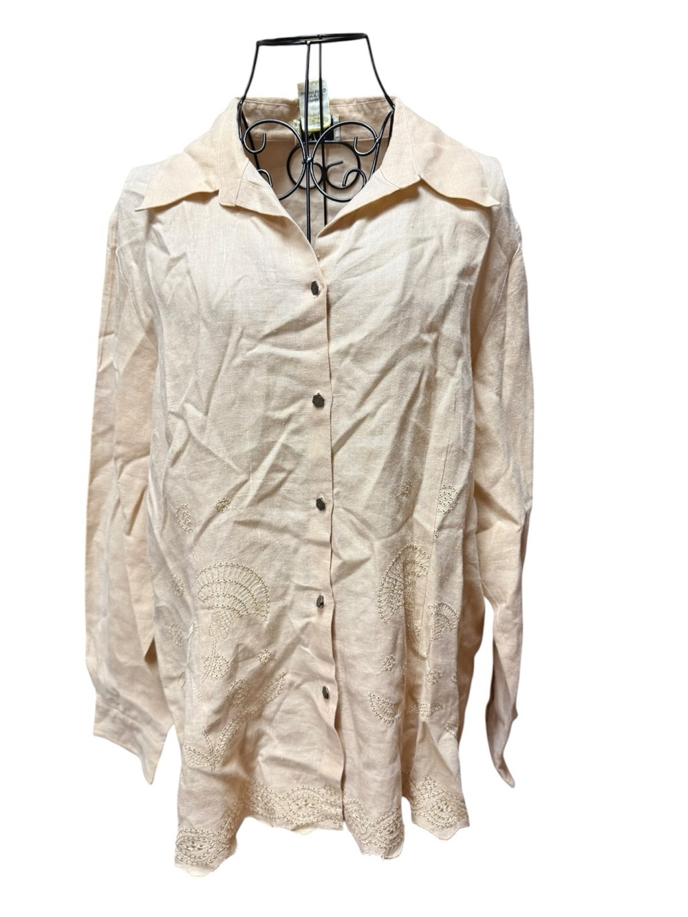 ICE ButterCream Button-Front Linen Embroidered Long Sleeve Blouse Large